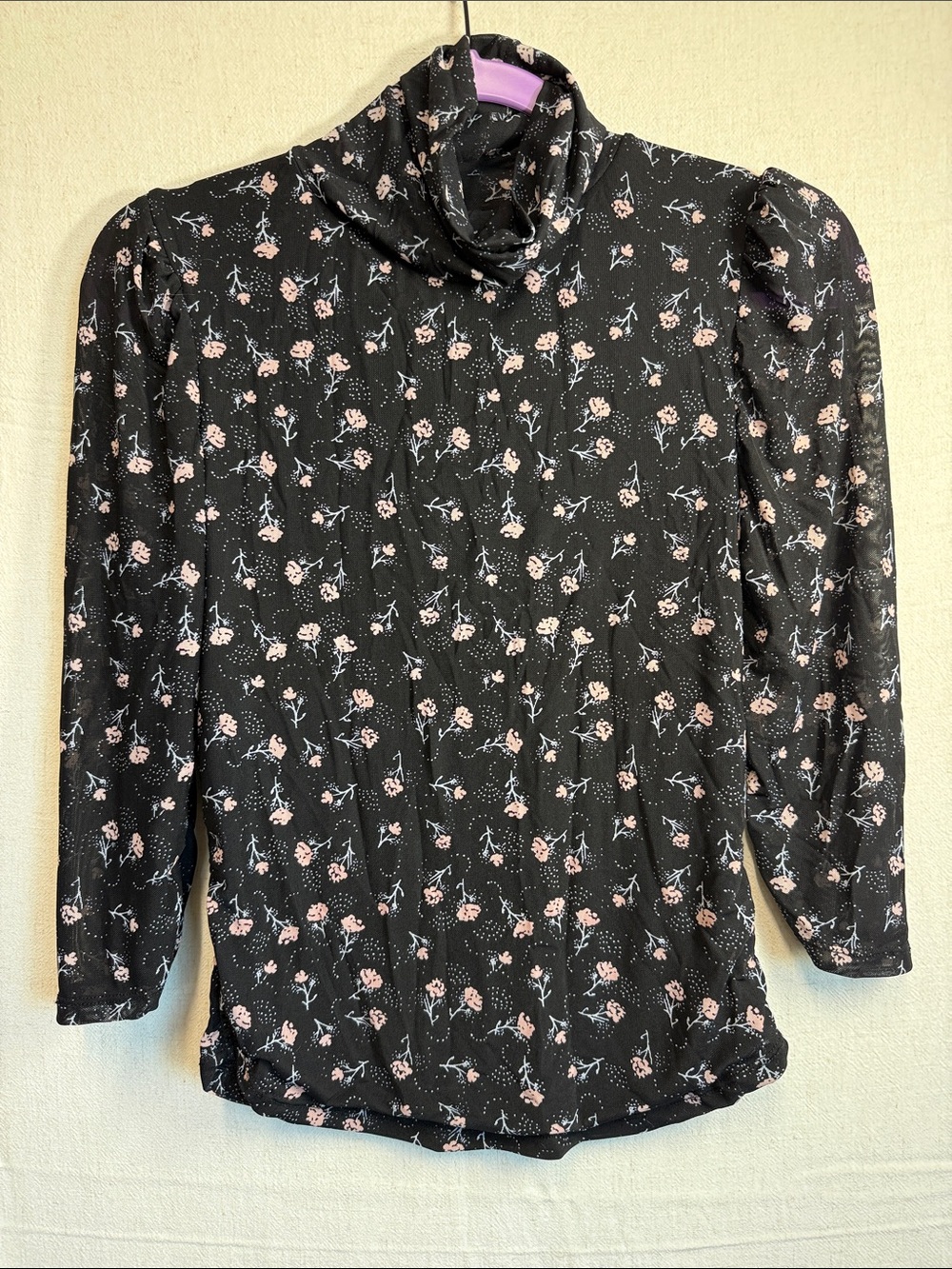 Free People Black Floral Turtleneck Top with Pink Flowers
